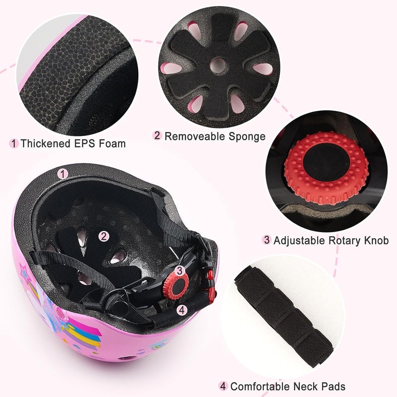 FIODAY Kids Bike Helmet, Toddler Helmet Knee and Elbow Pads Wrist Guards Adjustable Protective Gear Set with DIY Sticker for Girls 3-5-8 Years for Skateboard Inline Skating Scooter - Image 4